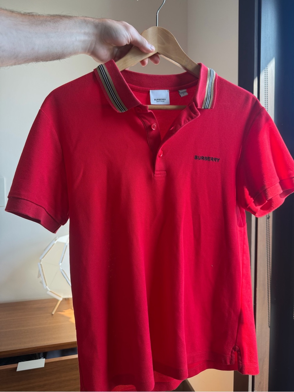 Burberry Red Polo with Signature Striped Collar